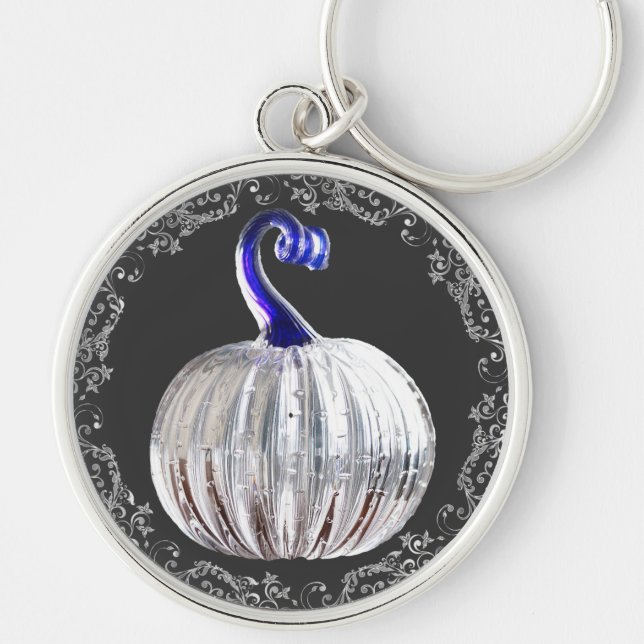 Pumpkin silver glass look blue gray fall elegant  keychain (Front)