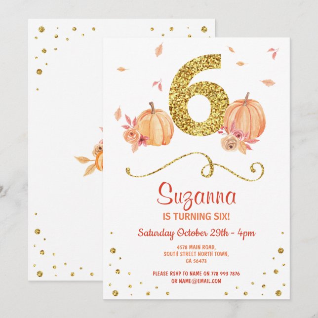 Pumpkin SIX Birthday 6TH Fall Party Gold Invite (Front/Back)