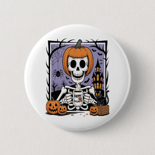 Pumpkin Skeleton Drinking Coffee Button