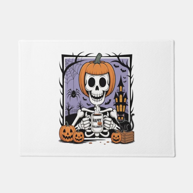 Pumpkin Skeleton Drinking Coffee Doormat (Front)