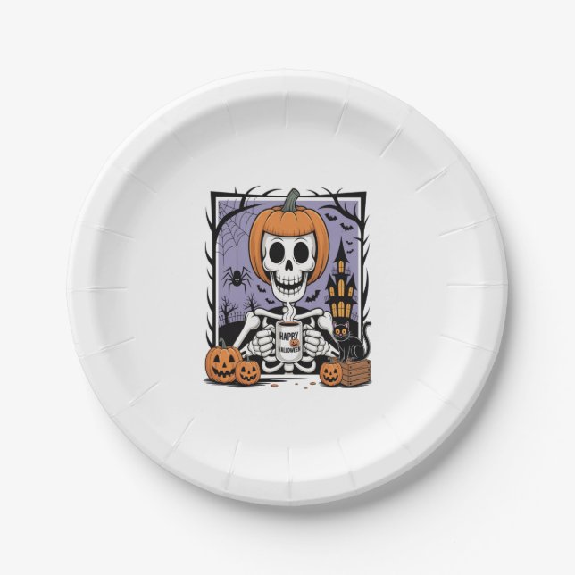 Pumpkin Skeleton Drinking Coffee Paper Plates (Front)
