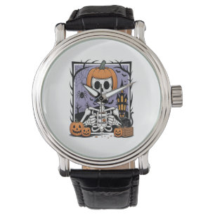 Pumpkin Skeleton Drinking Coffee Watch