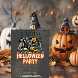 Pumpkin Skeleton Skull Martini Scary Halloween Invitation