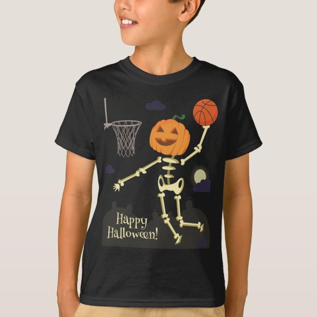 Pumpkin Skeleton Slam Dunk Basketball Halloween T-Shirt (Front)