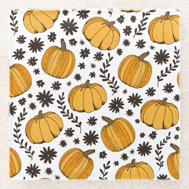 Pumpkin sketches: hand-drawn seamless pattern. glass coaster (Front)