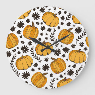 Pumpkin sketches: hand-drawn seamless pattern. large clock