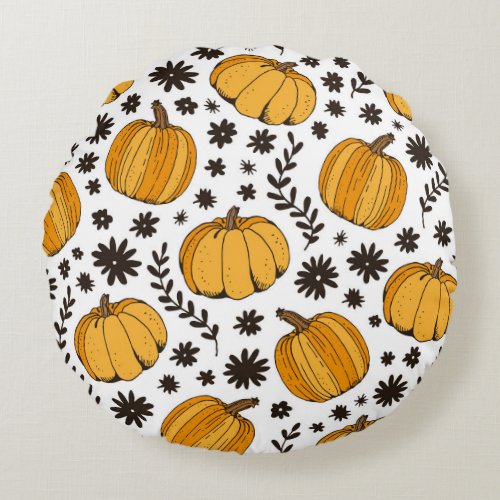 Pumpkin sketches hand_drawn seamless pattern round pillow