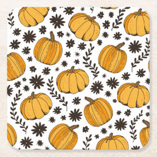 Pumpkin sketches: hand-drawn seamless pattern. square paper coaster