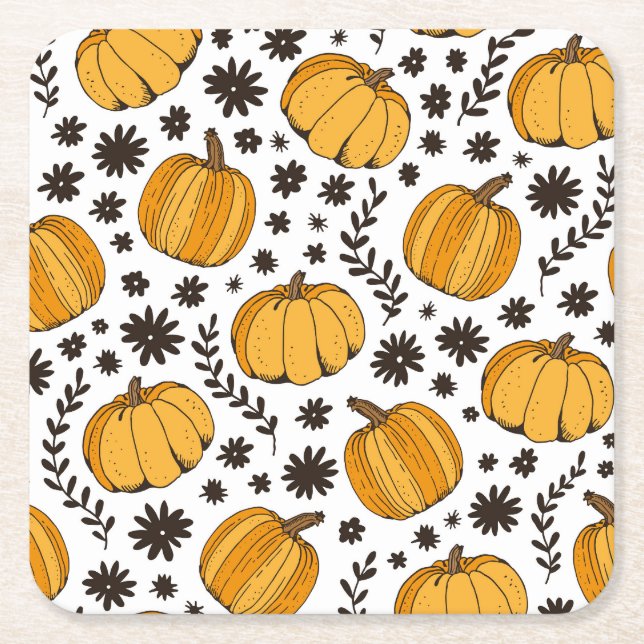 Pumpkin sketches: hand-drawn seamless pattern. square paper coaster (Front)