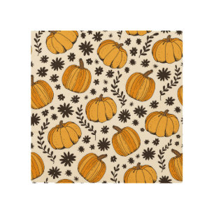 Pumpkin sketches: hand-drawn seamless pattern. wood wall art
