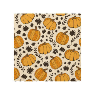 Pumpkin sketches: hand-drawn seamless pattern. wood wall art