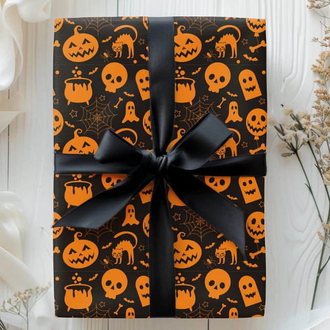 Pumpkin Skull Ghost Spooky Halloween Pattern Wrapping Paper (Creator Uploaded)
