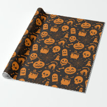 Pumpkin Skull Ghost Spooky Halloween Pattern Wrapping Paper