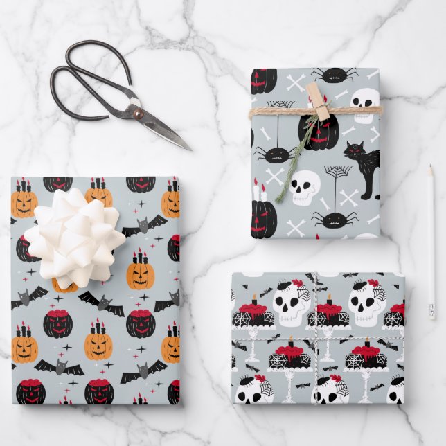 Pumpkin Skulls Black Cat Design Perfect Halloween  Wrapping Paper Sheets (Front)