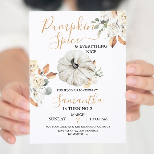 Pumpkin Spice and Everything Nice 3rd Birthday Invitation