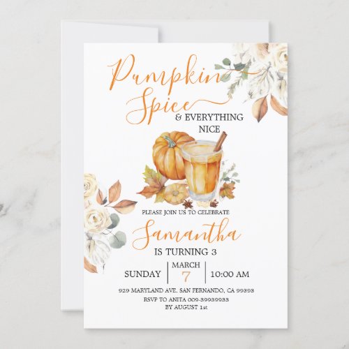 Pumpkin Spice and Everything Nice 3rd Birthday Invitation