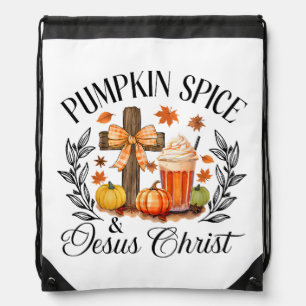 Pumpkin Spice And Jesus Christ Cross Pumpkin Chris Drawstring Bag