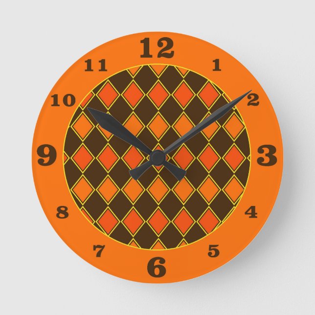 Pumpkin Spice Autumn Harlequin Pattern Round Clock (Front)