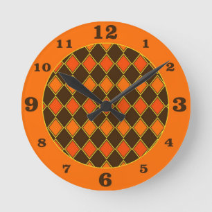 Pumpkin Spice Autumn Harlequin Pattern Round Clock