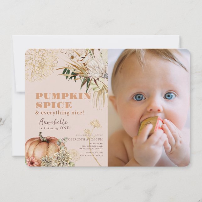 Pumpkin Spice Boho Floral Pink 1st Birthday Photo Invitation (Front)