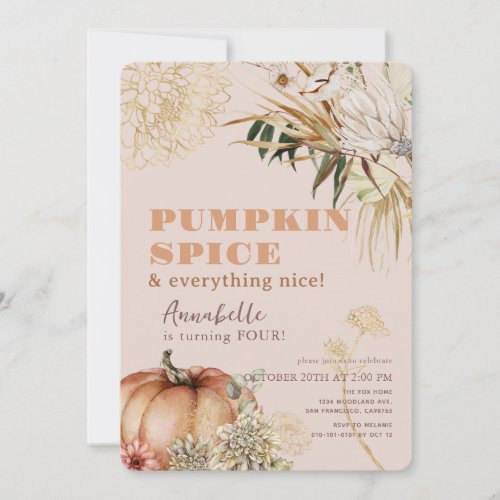 Pumpkin Spice Boho Floral Pink Girl Birthday Invitation