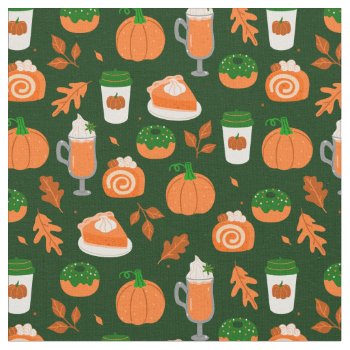 Pumpkin Spice Coffee Dark Green Fabric by funnychristmas at Zazzle