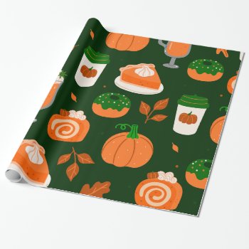 Pumpkin Spice Coffee Dark Green Wrapping Paper by funnychristmas at Zazzle
