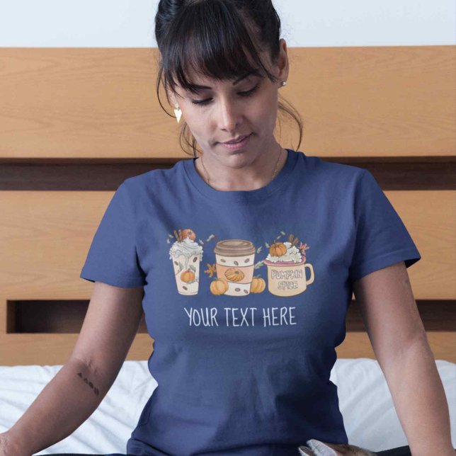 Pumpkin Spice Coffee Design Retro Style Fall Leafs T-Shirt (Navy blue halloween tshirt. Coffee Shirt, Fall pumpkin spice shirt in navy blur for women)