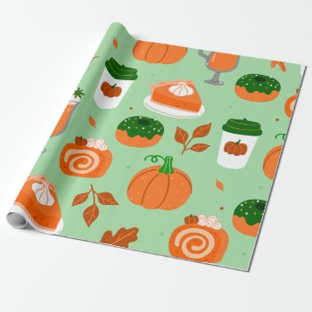 Pumpkin Spice Coffee Pastel Green Wrapping Paper by funnychristmas at Zazzle