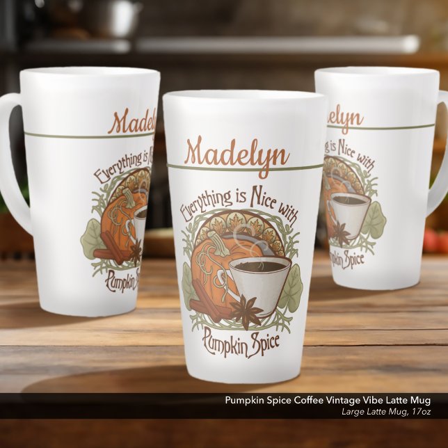 Pumpkin Spice Coffee Vintage Vibe Personalized Latte Mug (Pumpkin Spice Coffee Vintage Vibe Latte Mug–Personalized with Your Name–Large 17 oz. Size)