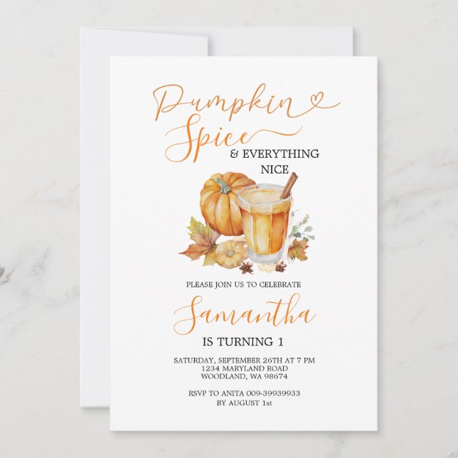 Pumpkin Spice & Everything Nice Fall 1st Birthday Invitation (Front)