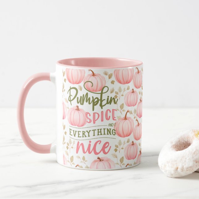 Pumpkin Spice Everything Nice Pink Pattern Fall Mug (With Donut)