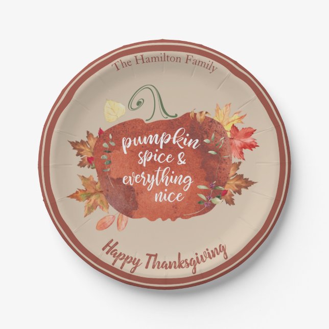 Pumpkin Spice & Everything Nice Thanksgiving Brown Paper Plates (Front)