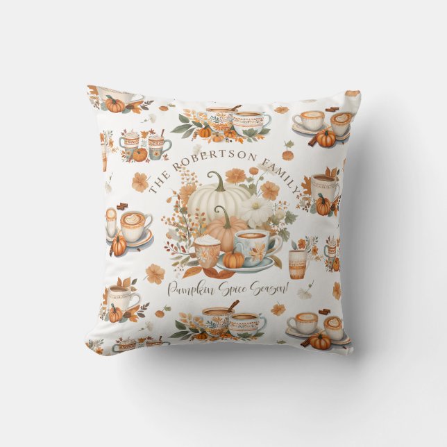 Pumpkin Spice Latte Season Floral Mug Autumn Fall Throw Pillow (Front)