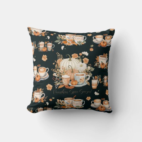 Pumpkin Spice Latte Season Floral Mug Black Fall Throw Pillow