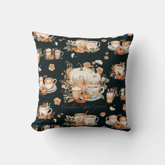 Pumpkin Spice Latte Season Floral Mug Black Fall Throw Pillow (Front)
