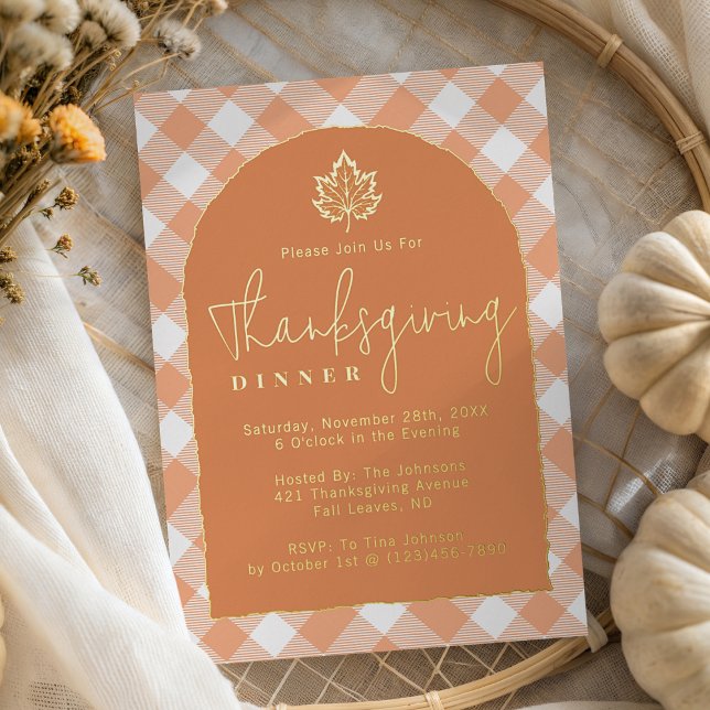 Pumpkin Spice Orange Plaid Thanksgiving Dinner Foil Invitation (Creator Uploaded)