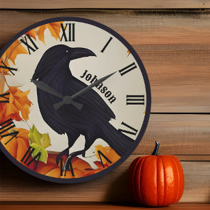 Pumpkin Spice Raven Bird Rustic Autumn Leaves Name Large Clock