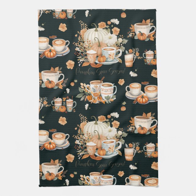 Pumpkin Spice Season Floral Latte Mug Black Kitchen Towel (Vertical)