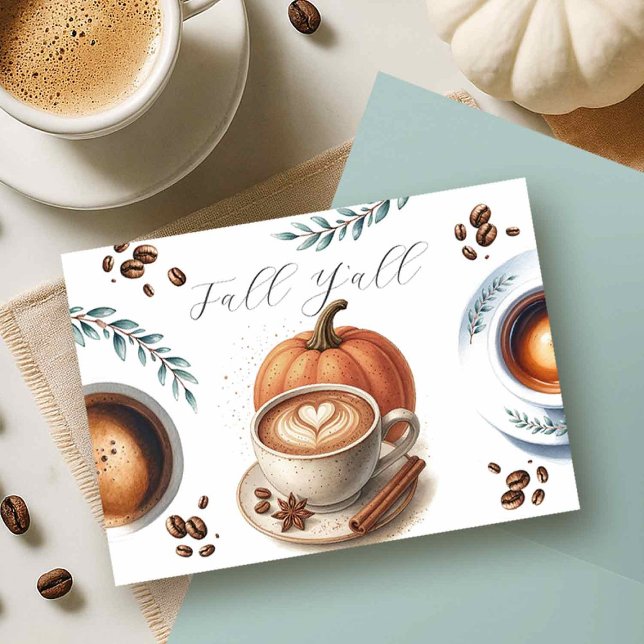 Pumpkin Spice Thanksgiving Cards (flat lay of a pumpkin spice fall y'all thanksgiving thank you card featuring pumpkin & coffee latte)