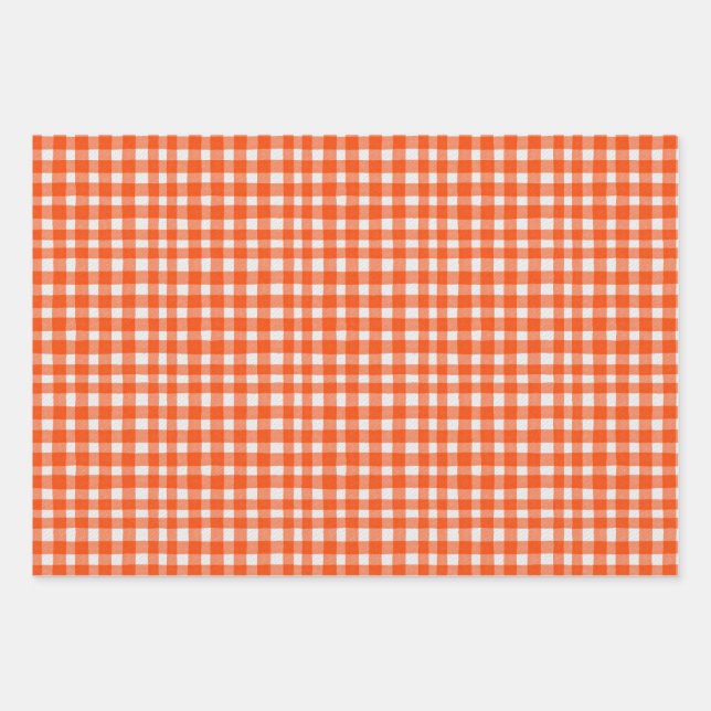 Pumpkin Spice Watercolor Gingham Orange Wrapping Paper Sheets (Front 3)