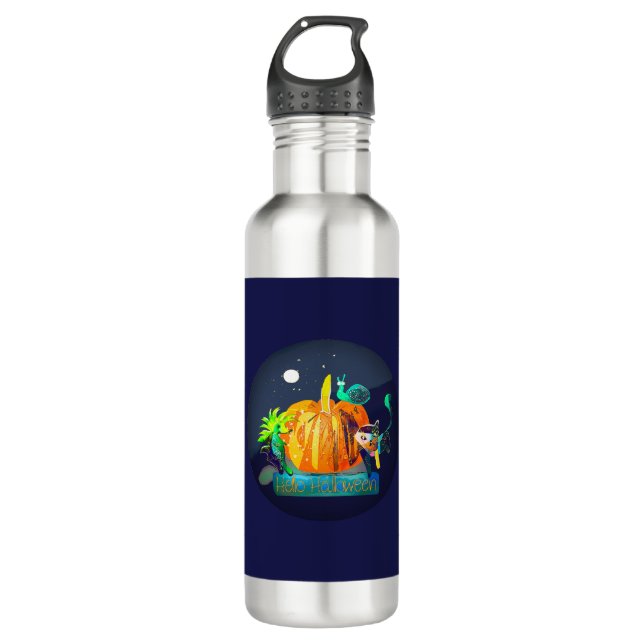 Pumpkin Spirit Magic Fun Halloween Animals & Moon Stainless Steel Water Bottle (Front)