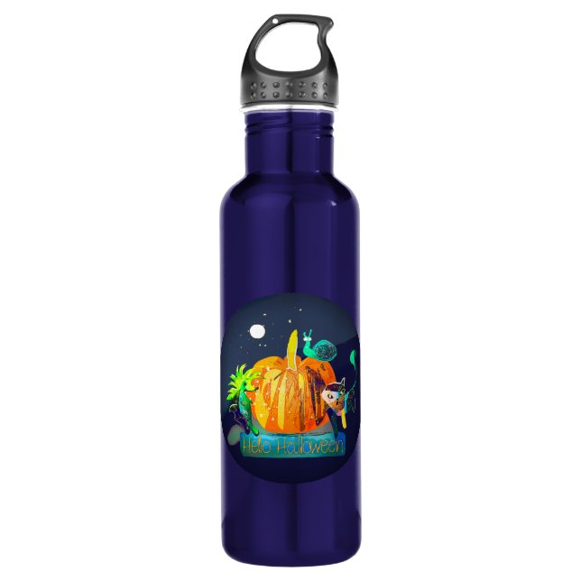 Pumpkin Spirit Magic Fun Halloween Animals & Moon Stainless Steel Water Bottle (Front)