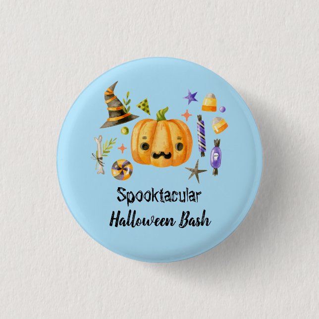 Pumpkin Spooktacular Halloween Bash Party Blue Button (Front)