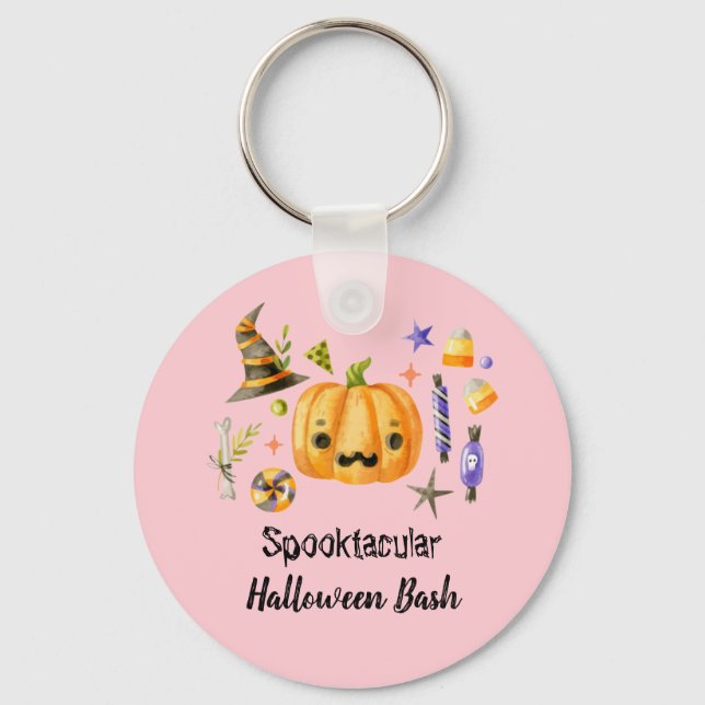 Pumpkin Spooktacular Halloween Bash Party Pink Keychain (Front)