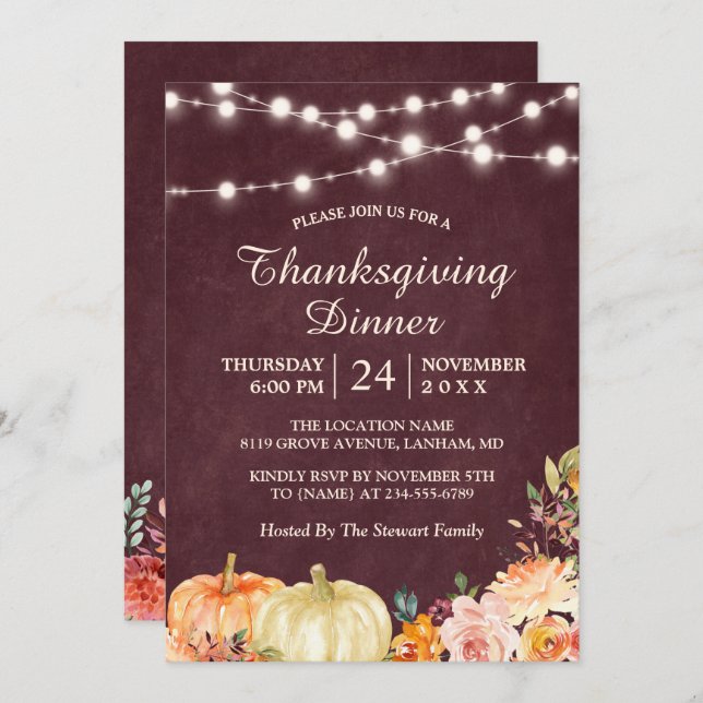 Pumpkin String Lights Floral Thanksgiving Dinner Invitation (Front/Back)