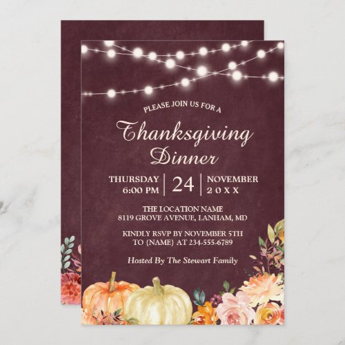 Pumpkin String Lights Floral Thanksgiving Dinner Invitation