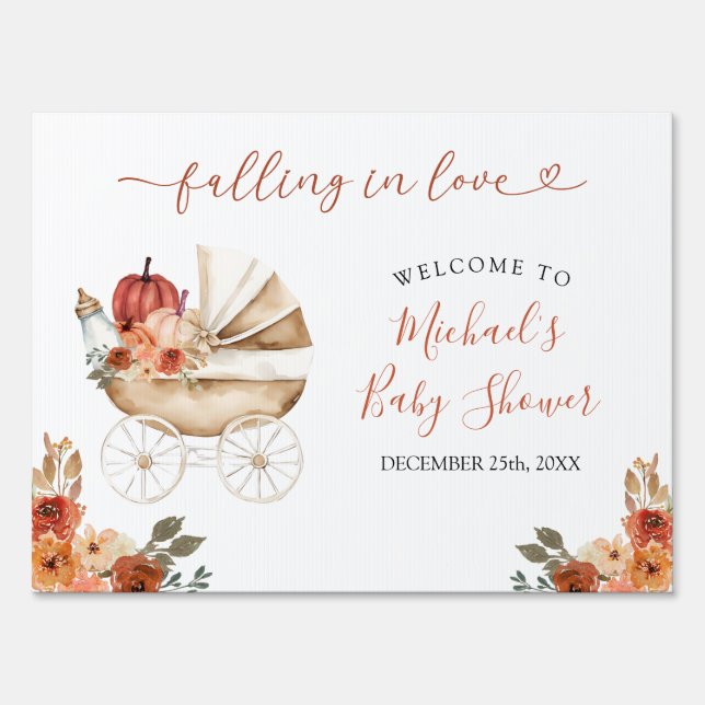 Pumpkin Stroller Floral Baby Shower Welcome Yard Sign (Front)