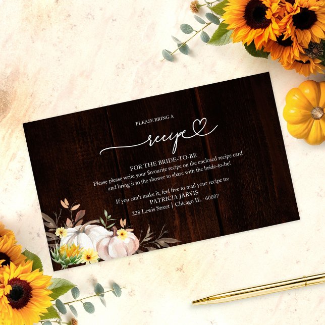 Pumpkin Sunflower Bridal Shower Recipe Request Enclosure Card (Creator Uploaded)