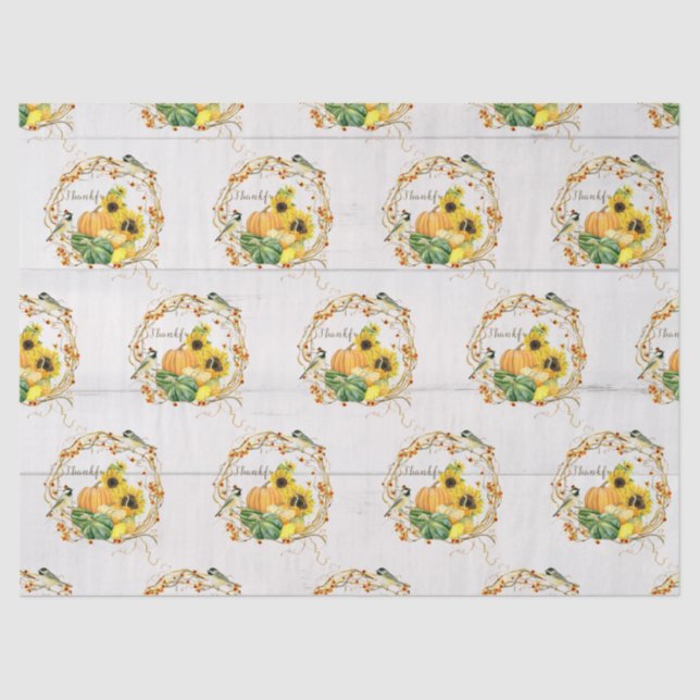 Pumpkin Sunflower Floral Fall Foliage Bird Wreath  Tissue Paper (Front)